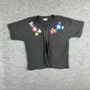 Hampshire Studio Sweater Womens Large Black Floral Embroidered Short Sleeve